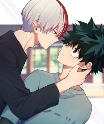 Rule 34 | 2boys, black hair, black shirt, blurry, blurry background, boku no hero academia, closed mouth, commentary request, dutch angle, eye contact, freckles, green eyes, green hair, grey hair, grey shirt, hand on another&#039;s neck, highres, long sleeves, looking at another, male focus, midoriya izuku, miyanami 3, multicolored hair, multiple boys, profile, red hair, shirt, short hair, smile, todoroki shouto, translation request, two-tone hair, upper body, white background, yaoi