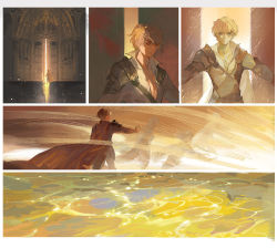 Rule 34 | armor, blonde hair, cape, chinese commentary, commentary request, derrick berg, door, dusk, ghost, indoors, looking at viewer, lord of the mysteries, nayannayan, ocean, opening door, outdoors, panels, pauldrons, shaded face, shadow, shirt, short hair, shoulder armor, sunlight, water, white shirt, yellow eyes
