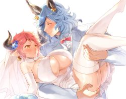 Rule 34 | 1boy, 1girl, ^ ^, animal ears, bare shoulders, blue flower, blue hair, blush, bow, bowtie, breasts, bridal veil, carrying, choker, cleavage, closed eyes, closed mouth, commentary request, couple, cow ears, cow horns, cross, cross earrings, drang (granblue fantasy), draph, dress, earrings, elbow gloves, eno yukimi, erune, flower, formal, garter straps, gloves, granblue fantasy, hair flower, hair ornament, hoop earrings, horns, huge breasts, jacket, jewelry, long hair, long sleeves, parted lips, pink hair, pointy ears, princess carry, profile, red neckwear, shirt, short dress, short hair, sidelocks, simple background, smile, standing, sturm (granblue fantasy), suit, sweatdrop, thighhighs, v-shaped eyebrows, v-shaped eyes, veil, wavy hair, wedding dress, white background, white choker, white dress, white gloves, white jacket, white shirt, white thighhighs, yellow eyes