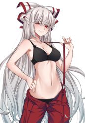 Rule 34 | 1girl, bare arms, bare shoulders, black bra, black panties, blush, bow, bra, breasts, cleavage, collarbone, colored eyelashes, commentary request, cowboy shot, duplicate, fujiwara no mokou, hair between eyes, hair bow, hand on own hip, hand up, highres, lace, lace-trimmed bra, lace-trimmed panties, lace trim, long hair, looking at viewer, medium breasts, momendoufu, navel, open fly, panties, pants, pulled by self, red eyes, red pants, silver hair, simple background, smile, solo, standing, stomach, suspenders, suspenders pull, touhou, underwear, uneven eyes, v-shaped eyebrows, very long hair, white background, white bow