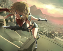 Rule 34 | 1girl, armor, assassin cross (ragnarok online), black cape, black gloves, black leotard, black socks, blonde hair, blue eyes, boots, breasts, building, cape, commentary request, dagger, day, elbow gloves, fisheye, full body, gloves, high heel boots, high heels, holding, holding dagger, holding knife, holding weapon, kneehighs, knife, leaning forward, leotard, looking afar, medium breasts, natsuya (kuttuki), open mouth, outdoors, pauldrons, pyramid (structure), ragnarok online, red scarf, revealing clothes, reverse grip, scarf, short hair, shoulder armor, socks, solo, torn cape, torn clothes, torn scarf, vambraces, waist cape, weapon