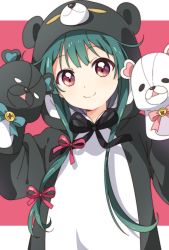 Rule 34 | 1girl, animal costume, arms up, bear costume, black bow, blue bow, bow, copyright request, green hair, highres, long hair, looking at viewer, namori, pink background, puppet, red eyes, sidelocks, smile
