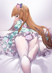 Rule 34 | aqua dress, blunt bangs, blush, bow, braid, character request, dress, flower hair ornament, flower print, french braid, frilled dress, frills, from behind, fuyouchu, grin, hair bow, hair ornament, leg up, legs, legs together, long hair, looking back, lying, no shoes, on bed, on stomach, orange hair, pantyhose, raised eyebrows, single braid, smile, very long hair, white legwear