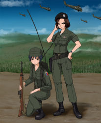 Rule 34 | 2girls, aircraft, beret, boots, h-34 (helicopter), hat, helicopter, holster, m1 carbine, military, military uniform, multiple girls, original, radio, suspenders, thailand, tiger monta, uniform, vietnam, watch