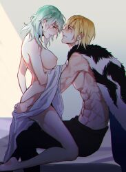 Rule 34 | 1boy, 1girl, abs, arm around waist, bare shoulders, barefoot, battle scarred, black pants, blonde hair, blush, breasts, byleth (female) (fire emblem), byleth (fire emblem), cape, clothed male nude female, couple, cum, cum on legs, dimitri alexandre blaiddyd, enlightened byleth (female), fire emblem, fire emblem: three houses, fur cape, green hair, hair between eyes, hetero, highres, kneeling, kyounatsuuu, large breasts, looking at another, medium hair, muscular, muscular male, nintendo, nipples, nude, on bed, pants, parted lips, scar, scar on arm, scar on chest, short hair, sitting, sweat