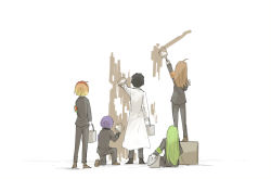 Rule 34 | 2girls, 3boys, armband, ayin (project moon), blonde hair, brown hair, bucket, from behind, full body, gradient hair, green hair, hod (project moon), holding, holding bucket, holding paintbrush, kankan33333, lab coat, lobotomy corporation, long hair, malkuth (project moon), multicolored hair, multiple boys, multiple girls, netzach (project moon), paintbrush, painting (action), project moon, purple hair, sitting, standing on box, yesod (project moon)