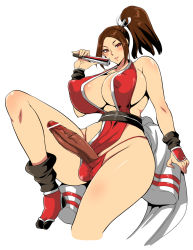 Rule 34 | 1futa, bar censor, blush, breasts, brown eyes, brown hair, bulge, censored, cleavage, covered erect nipples, dark penis, erection, erection under clothes, fatal fury, folded fan, folding fan, full-package futanari, futanari, hand fan, high ponytail, highres, huge breasts, large breasts, large penis, long hair, looking at viewer, musashino sekai, ninja, panties, penis, ponytail, puffy nipples, red panties, shiranui mai, simple background, snk, solo, testicles, the king of fighters, thick thighs, thighs, underwear, veins, veiny penis, white background, wide hips