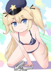 Rule 34 | 1girl, absurdres, arm behind back, bad id, bad pixiv id, bare arms, bare legs, bare shoulders, bikini, blue bikini, blue hat, closed mouth, cuffs, female focus, flat chest, full body, girls&#039; frontline, hair between eyes, hair ribbon, handcuffs, hat, highres, long hair, looking at viewer, note2000, peaked cap, police hat, ribbon, solo, super-shorty (girls&#039; frontline), swimsuit, tareme, twintails, two side up, very long hair