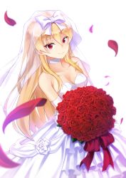 Rule 34 | 1girl, absurdres, arifureta shokugyou de sekai saikyou, bare shoulders, blonde hair, bouquet, bow, bridal veil, choker, collarbone, commentary request, dress, flower, hakuya kung, highres, holding, holding bouquet, huge filesize, layered dress, long hair, petals, red eyes, red flower, red rose, revision, rose, rose petals, simple background, solo, strapless, strapless dress, veil, very long hair, wedding dress, white background, white bow, white choker, white dress, yue (arifureta)