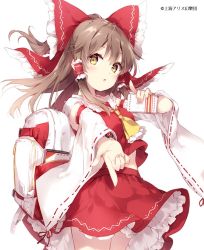 Rule 34 | 1girl, :o, ascot, backpack, bag, bare shoulders, blush, bow, brown hair, commentary request, cowboy shot, detached sleeves, finger gun, fingernails, floating hair, frilled bow, frills, hair bow, hair tubes, hakurei reimu, long hair, long sleeves, looking at viewer, midriff peek, mochizuki shiina, nontraditional miko, outstretched arm, parted lips, red bow, red skirt, ribbon-trimmed sleeves, ribbon trim, sidelocks, simple background, skirt, skirt set, smartphone case, solo, touhou, watch, watermark, white background, wide sleeves, wristwatch, yellow ascot, yellow eyes