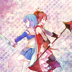 Rule 34 | 10s, 2girls, antenna hair, back-to-back, bare shoulders, blue dress, blue eyes, blue hair, bow, dress, female focus, food in mouth, from side, gloves, hair bow, holding, holding sword, holding weapon, lance, long hair, lowres, mahou shoujo madoka magica, mahou shoujo madoka magica (anime), miki sayaka, mizuki (flowerlanguage), multiple girls, open mouth, polearm, ponytail, profile, red dress, red eyes, red hair, sakura kyoko, short hair, skirt, spear, staff, sword, thighhighs, weapon, white gloves, white legwear, zettai ryouiki