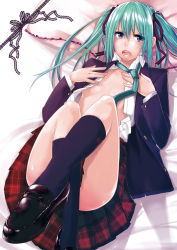 Rule 34 | 1girl, aqua eyes, aqua hair, ask02, blazer, blue eyes, c79, comiket 79, dress shirt, hair ribbon, hatsune miku, jacket, loafers, lying, mary janes, necktie, no bra, on back, on bed, open clothes, open mouth, plaid, plaid skirt, ribbon, school uniform, shirt, shoes, skirt, socks, solo, tears, thighs, twintails, unbuttoned, vocaloid