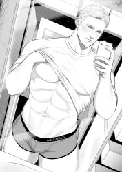 Rule 34 | 1boy, abs, bara, bare pectorals, blush, bulge, captain america, closed mouth, clothes lift, greyscale, holding, holding phone, indoors, large pectorals, male focus, male underwear, marvel, monochrome, muscular, muscular male, mxsxe, navel, nipples, pectorals, phone, shirt, shirt lift, short hair, solo, steve rogers, underwear