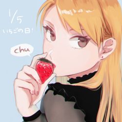 Rule 34 | 1boy, 1girl, blonde hair, blue background, brown eyes, dated, earrings, food, frills, from behind, fruit, fullmetal alchemist, hand up, highres, holding, holding food, holding fruit, jewelry, long sleeves, looking at viewer, looking back, nail polish, object kiss, ozaki (tsukiko3), pink nails, portrait, riza hawkeye, see-through, see-through sleeves, simple background, solo, straight hair, strawberry, stud earrings