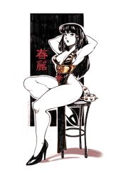 Rule 34 | 1girl, alternate hairstyle, armpits, arms behind head, black dress, bracelet, breasts, capcom, china dress, chinese clothes, chun-li, cleavage, dress, high heels, jewelry, maddestmao, monochrome, official alternate costume, pelvic curtain, solo, spiked bracelet, spikes, stool, street fighter, street fighter v