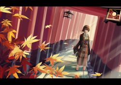 Rule 34 | 1girl, autumn leaves, black footwear, brown hair, brown skirt, closed mouth, commentary request, day, doran (dorannomai), dutch angle, hair between eyes, haoi, high-waist skirt, highres, idolmaster, idolmaster shiny colors, japanese clothes, kimono, lantern, leaf, leaf print, letterboxed, long sleeves, looking at viewer, maple leaf, morino rinze, multiple torii, no socks, outdoors, red eyes, sandals, short hair, short kimono, skirt, solo, standing, torii, white kimono, zouri