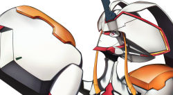 Rule 34 | 10s, absurdres, closed mouth, darling in the franxx, highres, horns, looking up, mecha, murasaki saki, no humans, pink eyes, robot, simple background, solo, strelizia, white background