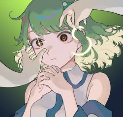 Rule 34 | 1girl, 1other, brown eyes, eyebrows hidden by hair, frog hair ornament, green hair, hair ornament, japanese clothes, kochiya sanae, kyomunohi, miko, own hands together, snake hair ornament, solo, sparkle, sweat, touhou