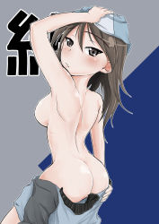 Rule 34 | 10s, 1girl, ass, back, blue jacket, blush, breasts, brown eyes, brown hair, cowboy shot, emblem, from behind, girls und panzer, hand on headwear, hand on own ass, highres, jacket, long hair, looking at viewer, looking back, mika (girls und panzer), open clothes, open jacket, ryuu tou, sideboob, solo, track jacket, undressing