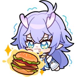 Rule 34 | 1girl, ahoge, bailu (honkai: star rail), blush, burger, chibi, chinese clothes, commentary, english commentary, food, honkai: star rail, honkai (series), horns, hungry, long hair, looking at food, official art, pointy ears, saliva, solo, transparent background, trembling