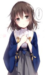 Rule 34 | 1girl, blush, brown hair, commentary request, cosplay, cosplay request, dress shirt, female saniwa (touken ranbu), floral background, grey eyes, grey hakama, hair between eyes, hakama, hakama skirt, hands up, head tilt, japanese clothes, long hair, long sleeves, looking at viewer, mochizuki shiina, own hands together, parted lips, shirt, simple background, skirt, solo, tassel, touken ranbu, translation request, white background, white shirt, wide sleeves