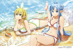 Rule 34 | 2girls, absurdres, animal, ass, asuna (sao), asuna (sao-alo), bare legs, barefoot, beach, bikini, blonde hair, blue eyes, blue hair, braid, breasts, cleavage, day, feet, feet out of frame, fish, french braid, green eyes, hair between eyes, hair ornament, hand on own cheek, hand on own face, highres, koga miyuki, large breasts, leafa, leaning back, leg up, light rays, long hair, looking at viewer, lying, medium breasts, multiple girls, navel, official art, on stomach, outdoors, pointy ears, ponytail, sand, scan, shore, sitting, soles, sparkle, stomach, sunbeam, sunlight, swimsuit, sword art online, tareme, thighs, toes, translation request, twin braids, very long hair, water, white bikini
