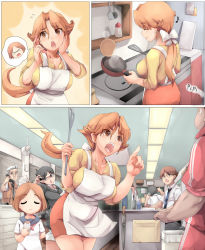 Rule 34 | 3girls, 4boys, adjusting eyewear, age difference, angry, apron, black hair, breasts, brown eyes, brown hair, cellphone, character request, child, coach, comic, cooking, copyright request, curvy, flat chest, folding fan, food, frying pan, glasses, gym uniform, hand fan, happy, highres, housewife, huge breasts, indoors, kitchen, knucklecurve, large breasts, leaning forward, long hair, mature female, miniskirt, mother and daughter, multiple boys, multiple girls, office, office lady, open mouth, orange hair, pancake, pencil skirt, phone, ponytail, school, scolding, shirt, short hair, silent comic, skirt, smile, spatula, surprised, sweatdrop, talking on phone, teacher, tears, umbrella, worried