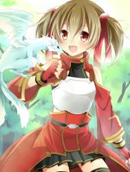 Rule 34 | 10s, :d, armor, bad id, bad pixiv id, bare shoulders, blush, brown hair, child, dragon, fingerless gloves, gloves, hair ribbon, highres, i m a, multiple tails, open mouth, pina (sao), red eyes, ribbon, short twintails, silica, skirt, smile, solo, sword art online, tail, thighhighs, twintails, two tails