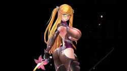 Rule 34 | 1girl, 3d, action taimanin, adapted costume, alternate color, ass, blonde hair, bodysuit, breasts, curvy, elbow gloves, glasses, gloves, green eyes, highres, huge ass, huge breasts, kosaka shizuru, leotard, lilith-soft, long hair, looking at viewer, looking back, screencap, shiny clothes, shiny skin, skin tight, smile, solo, standing, taimanin (series), taimanin yukikaze, thighhighs, twintails, very long hair, weapon, whip