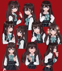 Rule 34 | + +, 1girl, :d, absurdres, black dress, blue bow, blue eyes, blue neckwear, blush, bow, bowtie, brown hair, closed mouth, crossed arms, dress, elisia valfelto, expressions, facing viewer, hair intakes, half-closed eye, hand on own hip, hand to own mouth, highres, index finger raised, long hair, long sleeves, looking at viewer, luicent, multiple views, open mouth, original, red background, shirt, simple background, smile, sparkle, white shirt, wide-eyed