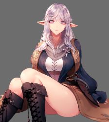 Rule 34 | 1girl, absurdres, boots, breasts, brown footwear, closed mouth, collarbone, dagger, elezen, elf, estinien, estinien varlineau, eyelashes, female focus, final fantasy, final fantasy xiv, genderswap, genderswap (mtf), grey eyes, highres, knife, large breasts, lips, long hair, long pointy ears, pannakotta, pink lips, pointy ears, scabbard, scarf, sheath, sheathed, silver hair, simple background, sitting, solo, torn clothes, weapon