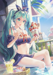 Rule 34 | 1girl, :d, aqua hair, blue skirt, blueberry, cake, cherry, cloud, cup, drinking glass, drinking straw, dutch angle, food, fruit, green eyes, hair ribbon, hatsune miku, highres, holding, holding spoon, ice cream, lemon, lemon slice, long hair, midriff, navel, open mouth, outdoors, ribbon, sailor collar, sigi, sitting, skirt, sky, smile, soaking feet, solo, spoon, strawberry, sundae, twintails, very long hair, vocaloid, wafer stick, water
