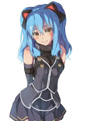 Rule 34 | 1girl, animal ears, ao no kiseki, arms behind back, bare shoulders, black gloves, black shirt, black skirt, black vest, blue hair, blush, breasts, cat ears, chiharu (9654784), closed mouth, cloud, commentary, contrapposto, cowboy shot, detached sleeves, eiyuu densetsu, fake animal ears, falcom, gloves, hair between eyes, headpiece, highres, light blue hair, long hair, looking at viewer, medium breasts, miniskirt, pleated skirt, pursed lips, shirt, simple background, skirt, solo, tareme, tio plato, turtleneck, two side up, vest, white background, yellow eyes