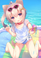 Rule 34 | 1girl, :d, animal ears, bare legs, barefoot, blue one-piece swimsuit, blush, casual one-piece swimsuit, collarbone, day, dog ears, dog girl, dog tail, eyewear on head, fang, fingernails, hair between eyes, hands up, head tilt, heart, heart-shaped eyewear, highres, holding, kneeling, light brown hair, long hair, looking at viewer, ocean, one-piece swimsuit, open mouth, original, outdoors, ponytail, red eyes, shirt, short sleeves, smile, solo, sunglasses, swimsuit, swimsuit under clothes, tail, tied shirt, usashiro mani, water, water gun, white shirt