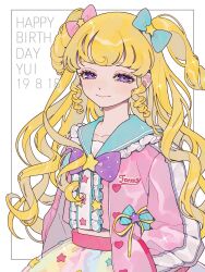 Rule 34 | 1girl, ao (ao0 0nemu), bad id, bad twitter id, blonde hair, blue bow, blue sailor collar, bow, center frills, character name, closed mouth, commentary request, dated, frills, hair bow, hand in pocket, happy birthday, highres, idol time pripara, jacket, long hair, long sleeves, looking at viewer, pink bow, pink jacket, pink shirt, pretty series, pripara, purple bow, purple eyes, ringlets, sailor collar, shirt, smile, solo, standing, star (symbol), star print, two side up, yumekawa yui