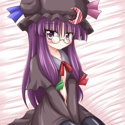Rule 34 | 1girl, alternate color, bespectacled, between legs, blue ribbon, blush, bococho, crescent, eyebrows, female focus, glasses, green ribbon, hair between eyes, hair ribbon, hand between legs, hat, hat ribbon, long hair, long sleeves, navel, open clothes, open shirt, pantyhose, patchouli knowledge, purple eyes, purple hair, purple ribbon, red ribbon, ribbon, shirt, solo, touhou