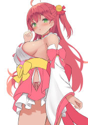 Rule 34 | 1girl, absurdres, bell, blush, bow, breasts, commentary request, detached sleeves, from side, green eyes, hair bell, hair bow, hair ornament, hand up, highres, hololive, jingle bell, large breasts, long hair, long sleeves, looking at viewer, looking to the side, nekohuman221 (tsun221), one side up, parted lips, pink hair, pink skirt, red bow, sakura miko, sakura miko (1st costume), sash, sideboob, simple background, skirt, solo, very long hair, virtual youtuber, white background, yellow sash