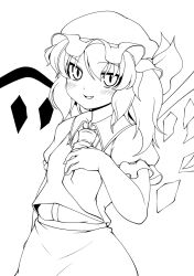 Rule 34 | 1girl, :d, ascot, commentary request, crystal, flandre scarlet, greyscale, haseru (ginku mh), hat, hat ribbon, highres, looking at viewer, medium hair, monochrome, open mouth, ribbon, shirt, short sleeves, simple background, skirt, slit pupils, smile, solo, touhou, vest, wings