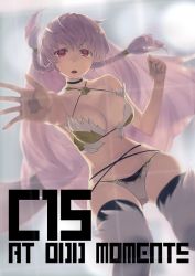 Rule 34 | 1girl, all fours, blurry, braid, breasts, choker, cleavage, cover, cover page, criss-cross halter, depth of field, female focus, from below, halterneck, halterneck, large breasts, navel, open mouth, pink hair, red eyes, solo, sumaki shungo, thighhighs, twin braids