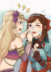 Rule 34 | 2girls, annoyed, applying bandaid, aqua background, armlet, armor, armpit crease, bandaid, bandaid on cheek, bandaid on face, bandaid on nose, bare shoulders, blonde hair, blush, bow, breastplate, brown gloves, brown hair, chinese commentary, circlet, clothing cutout, commentary request, crop top, cuts, detached sleeves, earrings, eye contact, fingerless gloves, flower, flying sweatdrops, fuyuu seibutsu, gloves, gradient background, grey hairband, hair bow, hair flower, hair ornament, hairband, half updo, hand up, hands up, highres, injury, jacket, jewelry, lightning bolt symbol, long hair, long sleeves, looking at another, midriff, multiple girls, official alternate costume, one eye closed, open hand, open mouth, pauldrons, pink eyes, profile, purple eyes, purple flower, purple tube top, raised eyebrow, red bow, red jacket, saijou claudine, see-through, see-through sleeves, shoujo kageki revue starlight, shoujo kageki revue starlight -re live-, shoulder armor, sidelocks, smile, strapless, sweatdrop, tendou maya, tube top, upper body, v-shaped eyebrows, wavy hair, white background