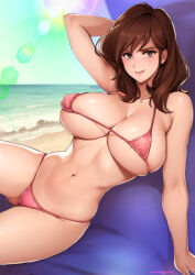 Rule 34 | 1girl, artist name, bare arms, bare shoulders, beach, bikini, breasts, brown eyes, brown hair, cleavage, closed mouth, collarbone, commentary request, covered erect nipples, day, gradient sky, hand up, highleg, highleg bikini, highres, large breasts, lips, long hair, looking at viewer, lupin iii, micro bikini, mine fujiko, navel, ocean, outdoors, oyaman, pink bikini, seductive smile, signature, sky, smile, solo, stomach, string bikini, sunlight, swimsuit, thighs, underboob, water