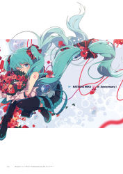 Rule 34 | 1girl, black thighhighs, bubble, flower, hatsune miku, highres, looking at viewer, ogipote, one eye closed, smile, solo, thighhighs, vocaloid