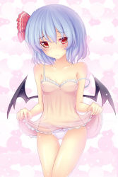 Rule 34 | 1girl, bad id, bad pixiv id, bare shoulders, bat wings, blue hair, blush, camisole, embarrassed, female focus, lingerie, looking at viewer, negligee, panties, red eyes, remilia scarlet, short hair, solo, strap slip, touhou, underwear, underwear only, walzrj, white panties, wings