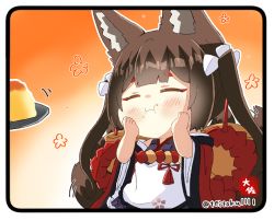 Rule 34 | 1girl, :t, animal ears, azur lane, blunt bangs, blush, brown hair, commentary request, eating, eyeshadow, feeding, food, fox ears, fox girl, fox tail, gradient background, hair between eyes, hands on own cheeks, hands on own face, happy, japanese clothes, kimono, kitsune, kyuubi, long hair, long sleeves, looking at viewer, makeup, multiple tails, off shoulder, pout, pudding, rope, shimenawa, sidelocks, signature, simple background, solo, spoon, tail, taisa (kari), twintails, twitter username, wide sleeves