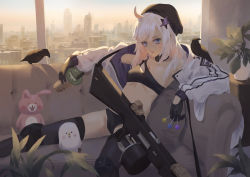 Rule 34 | 1girl, aa-12, aa-12 (girls&#039; frontline), absurdres, automatic shotgun, bad id, bad pixiv id, beret, bird, black choker, black gloves, black hat, black panties, black tank top, black thighhighs, blue eyes, candy, choker, cirilla lin, city, closed mouth, combat shotgun, cup, drum magazine, food, girls&#039; frontline, gloves, gun, hair ornament, hat, high-capacity magazine, highres, holding, holding candy, holding cup, holding food, holding lollipop, jacket, lollipop, long hair, looking at viewer, magazine (weapon), open clothes, open jacket, panties, partially fingerless gloves, shotgun, sitting, solo, star (symbol), star hair ornament, tank top, thighhighs, toy, underwear, weapon, white hair, white jacket