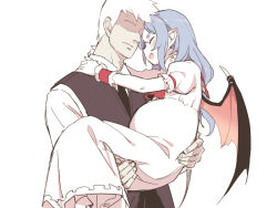 Rule 34 | 1boy, 1girl, asutora, bat wings, blue hair, blush, carrying, closed eyes, dress, faceless, faceless male, hetero, medium hair, no headwear, open mouth, pointy ears, pregnant, princess carry, puffy short sleeves, puffy sleeves, remilia scarlet, short hair, short sleeves, simple background, touhou, white background, white dress, white hair, wings