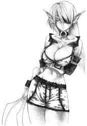 Rule 34 | 1girl, bikini, bikini top only, bracelet, breast hold, breasts, claws, cleavage, elbow gloves, eyepatch, fuyube rion, gloves, greyscale, hunewearl, jewelry, large breasts, long hair, looking at viewer, midriff, monochrome, navel, phantasy star, phantasy star online, pointy ears, shorts, simple background, single glove, sleeveless, solo, swimsuit, white background