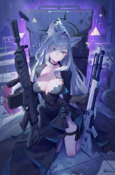 Rule 34 | 1girl, absurdres, animal ear fluff, animal ears, assault rifle, black choker, black dress, black halo, blue archive, blue eyes, breasts, bright pupils, choker, cleavage, closed mouth, commentary request, covered navel, cross hair ornament, dress, gesoking, grey hair, gun, hair between eyes, hair ornament, halo, highres, holding, holding gun, holding weapon, kneeling, long hair, long sleeves, looking at viewer, medium breasts, rifle, shiroko (blue archive), shiroko terror (blue archive), shotgun, solo, thigh strap, weapon, white pupils