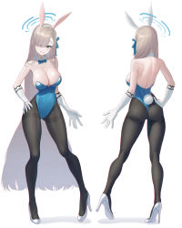 Rule 34 | 1girl, absurdres, animal ears, ass, asuna (blue archive), asuna (bunny) (blue archive), asymmetrical bangs, back, backless outfit, bare shoulders, blue archive, blue bow, blue bowtie, blue eyes, blue leotard, bow, bowtie, breasts, cleavage, contrapposto, demian 221, detached collar, elbow gloves, fake animal ears, fake tail, full body, gloves, gluteal fold, grin, hair over one eye, halo, hand on own hip, head tilt, high heels, highleg, highleg leotard, highres, kneepits, large breasts, leotard, light brown hair, long hair, looking at viewer, mole, mole on breast, multiple views, nape, narrow waist, official alternate costume, pantyhose, playboy bunny, rabbit ears, rabbit tail, shoulder blades, simple background, smile, standing, standing on one leg, strapless, strapless leotard, tail, thick thighs, thighband pantyhose, thighs, traditional bowtie, tsurime, very long hair, white background, white footwear, white gloves