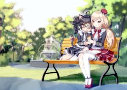 Rule 34 | 2girls, ahoge, animal ears, bad id, bad pixiv id, bench, black hair, blonde hair, blush, book, book on lap, brown eyes, cat ears, cat tail, closed mouth, food, fountain, glasses, hat, holding, holding food, kneehighs, long hair, looking at another, mechuragi, multiple girls, one eye closed, open book, original, red eyes, red hat, red skirt, short hair, short twintails, sitting, skirt, smile, socks, tail, thighhighs, twintails, white legwear, yuri